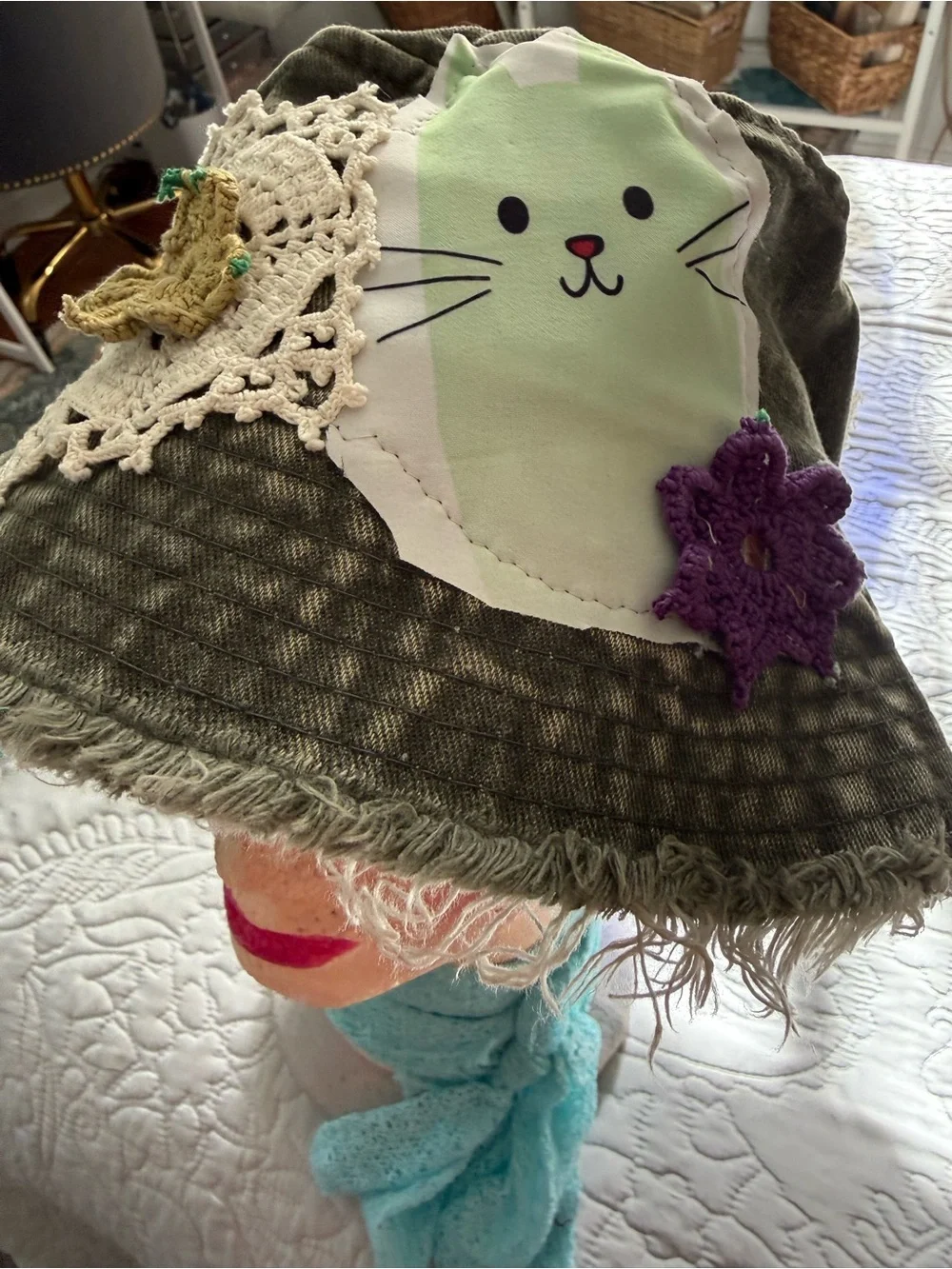 Upcycled Distressed Washed Green Denim Patchwork Bucket Hat OS